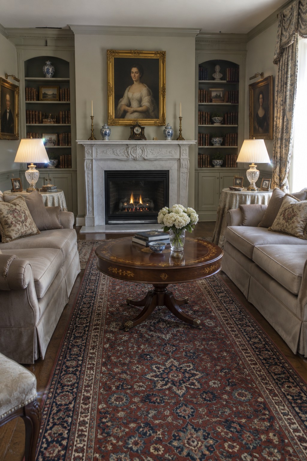 Elegant living room with beige sofas, round table on Persian rug, and marble fireplace