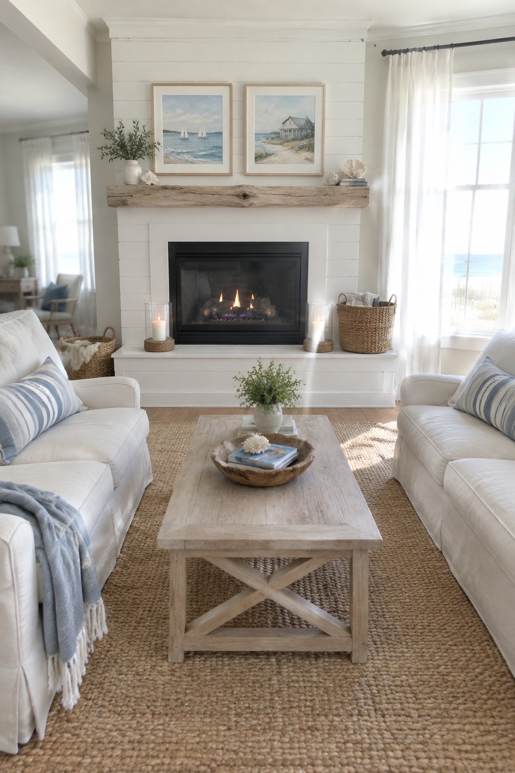 Two white sofas face each other across a wooden coffee table in front of a white fireplace with a wooden mantel and two framed artworks above it.