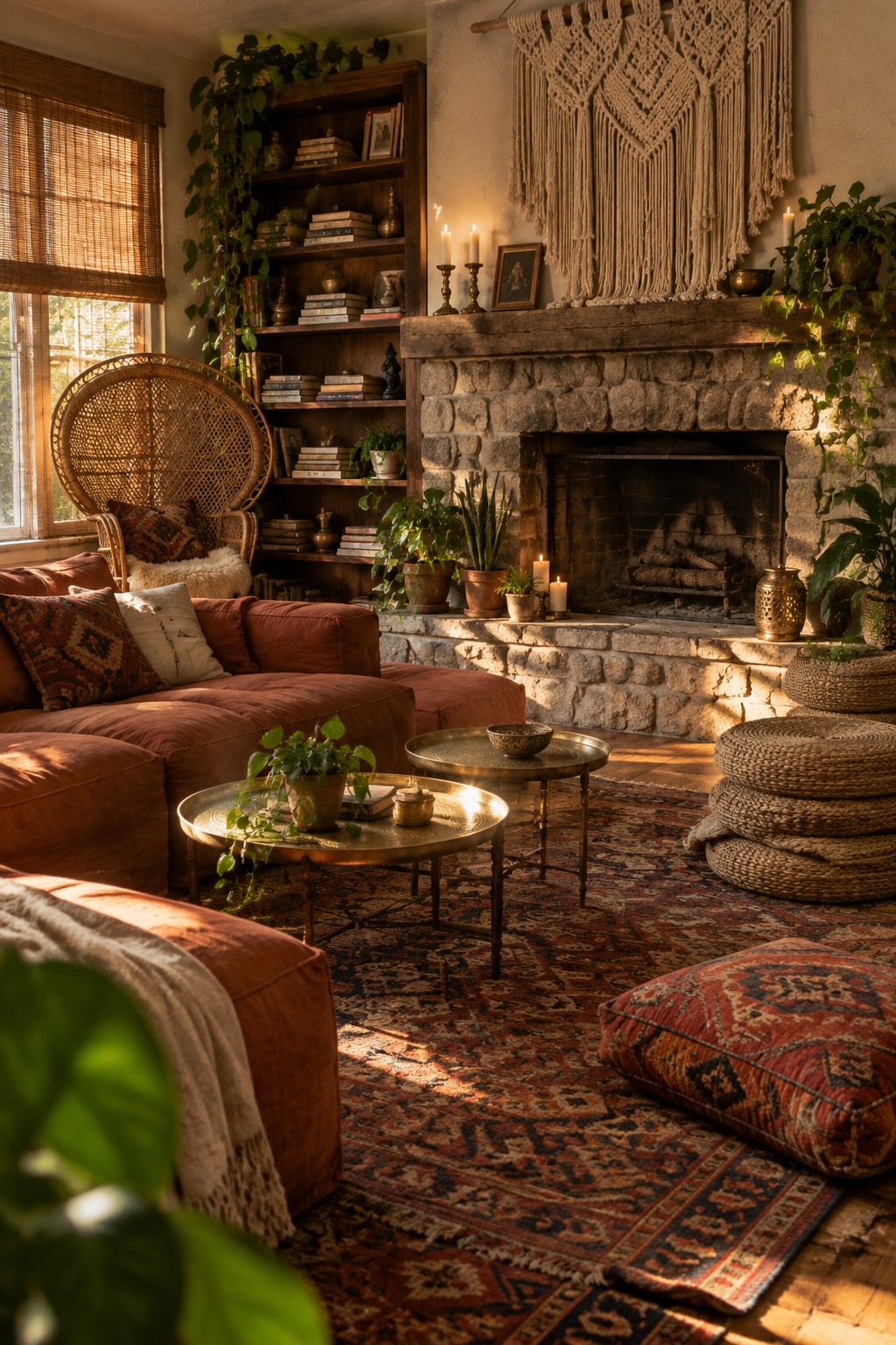 A living room with a stone fireplace, rust-colored sectional sofa, round brass coffee tables, patterned rug, floor cushion, and numerous houseplants.
