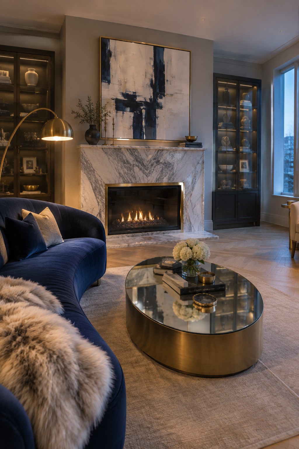 Luxury living room with curved navy sofa, marble fireplace, abstract art and glass table