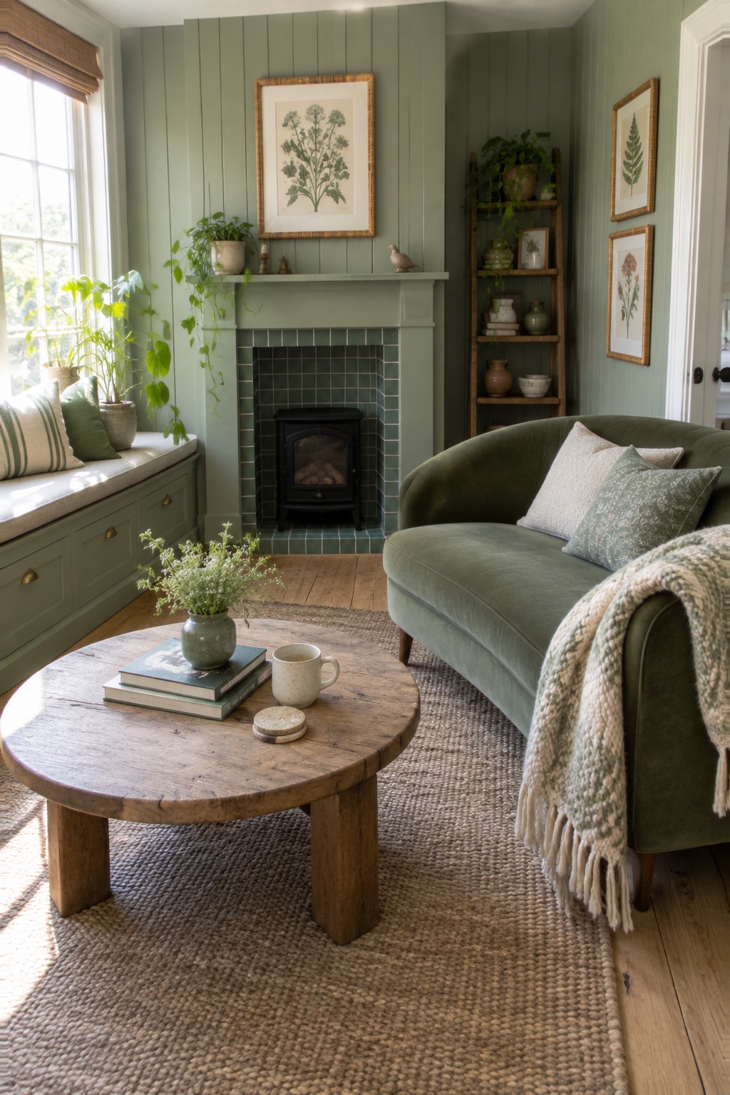 Cozy sage green living room with fireplace, velvet sofa, wooden coffee table, and plants.