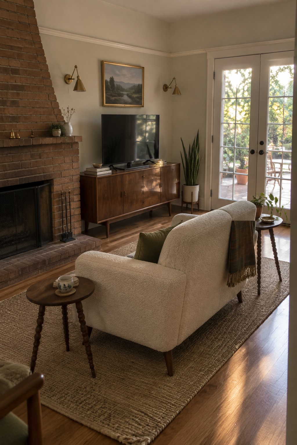 Cozy living room with cream bouclé armchair, brick fireplace, wooden console, and French doors.