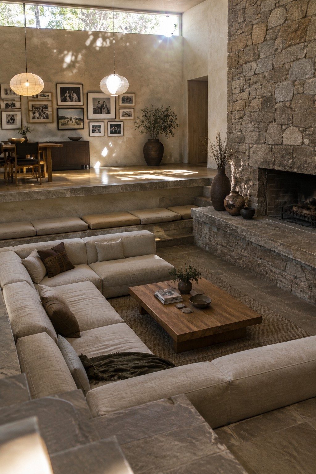 Sunlit modern living room with beige sectional sofa, wood table, and stone fireplace