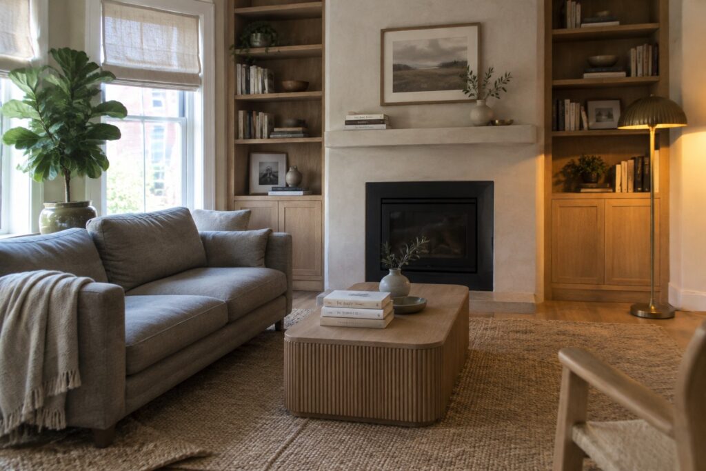 A living room featuring a gray sofa, a ribbed wooden coffee table on a large jute rug, and a black fireplace framed by built-in shelves.
