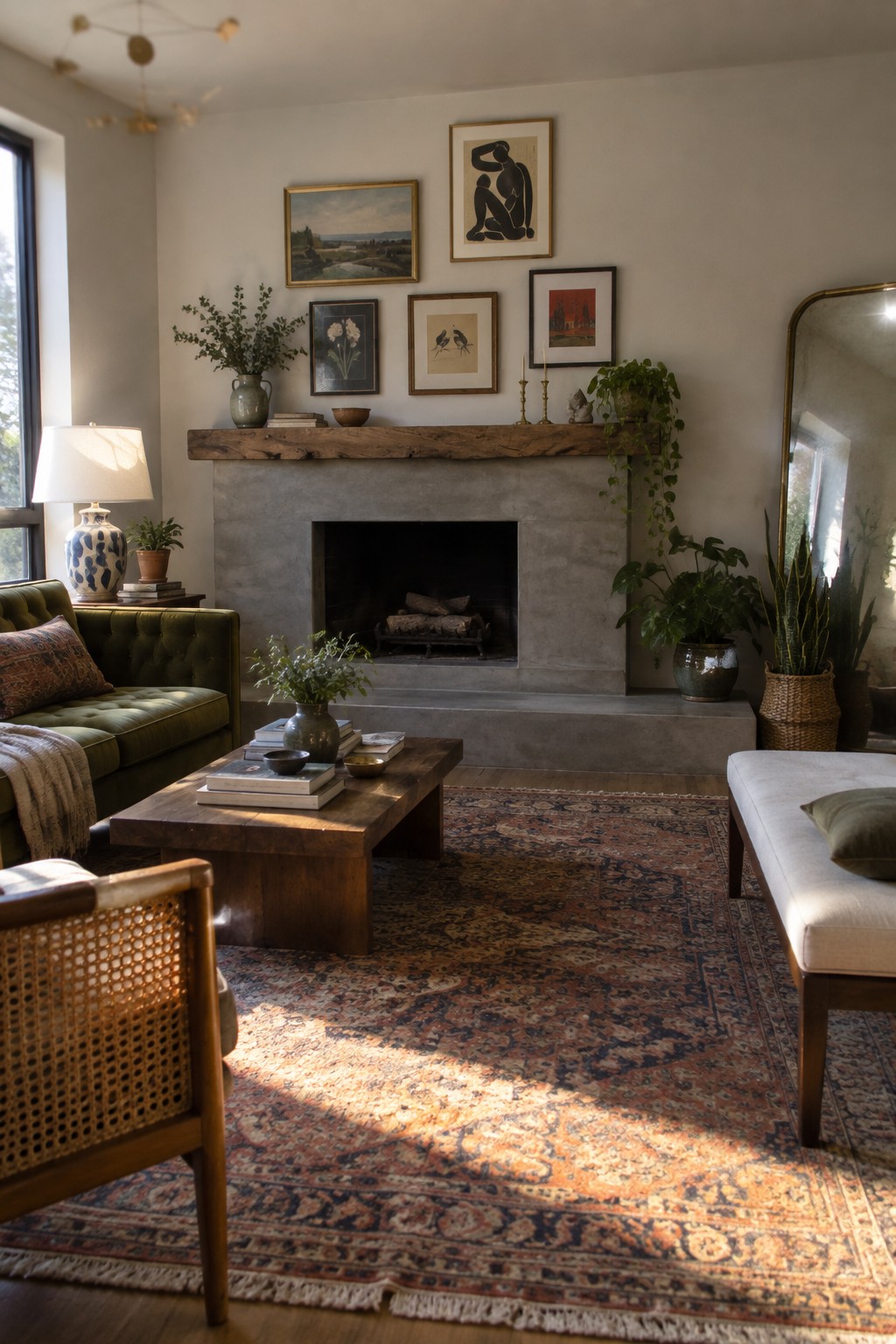 Cozy sunlit living room with concrete fireplace, green sofa, wooden table, and patterned rug.