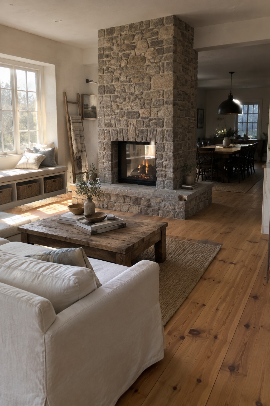 A living room with a white slipcovered sofa facing a rustic wooden coffee table and a large stone fireplace on wide plank floors.