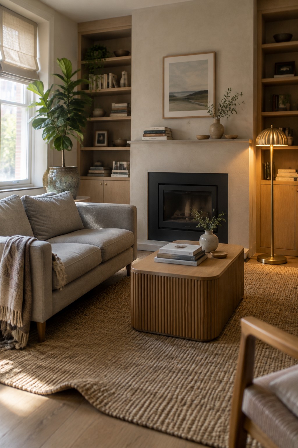 A living room featuring a gray sofa, a ribbed wooden coffee table on a large jute rug, and a black fireplace framed by built-in shelves.