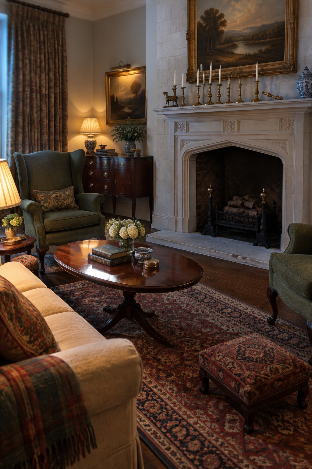 A traditional living room featuring a large stone fireplace with two green wingback armchairs positioned symmetrically on either side, a white sofa in the foreground, and an oval coffee table on a red patterned rug.