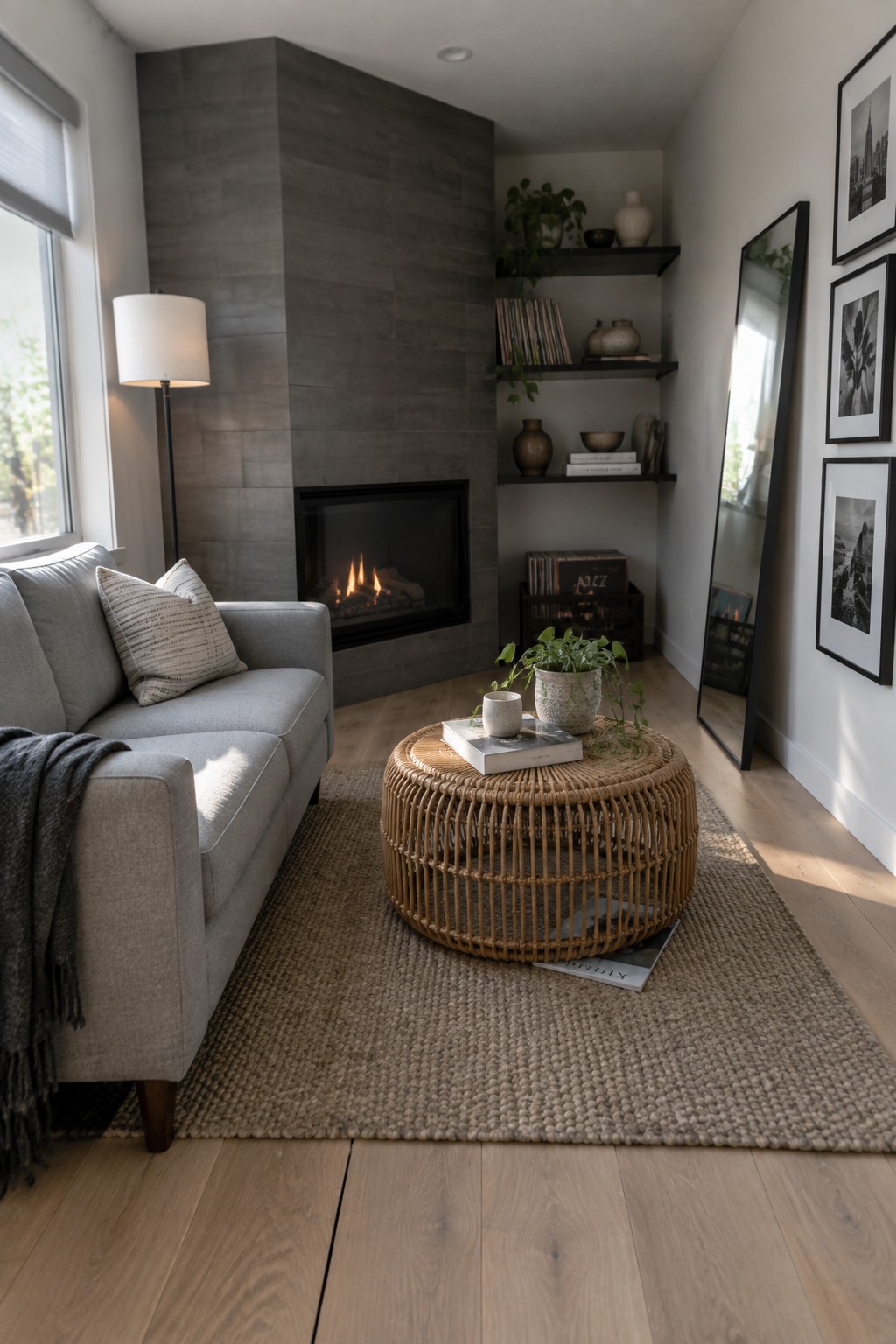 A living room featuring a gray sofa facing a modern fireplace, with a round woven rattan coffee table centered on a jute rug.