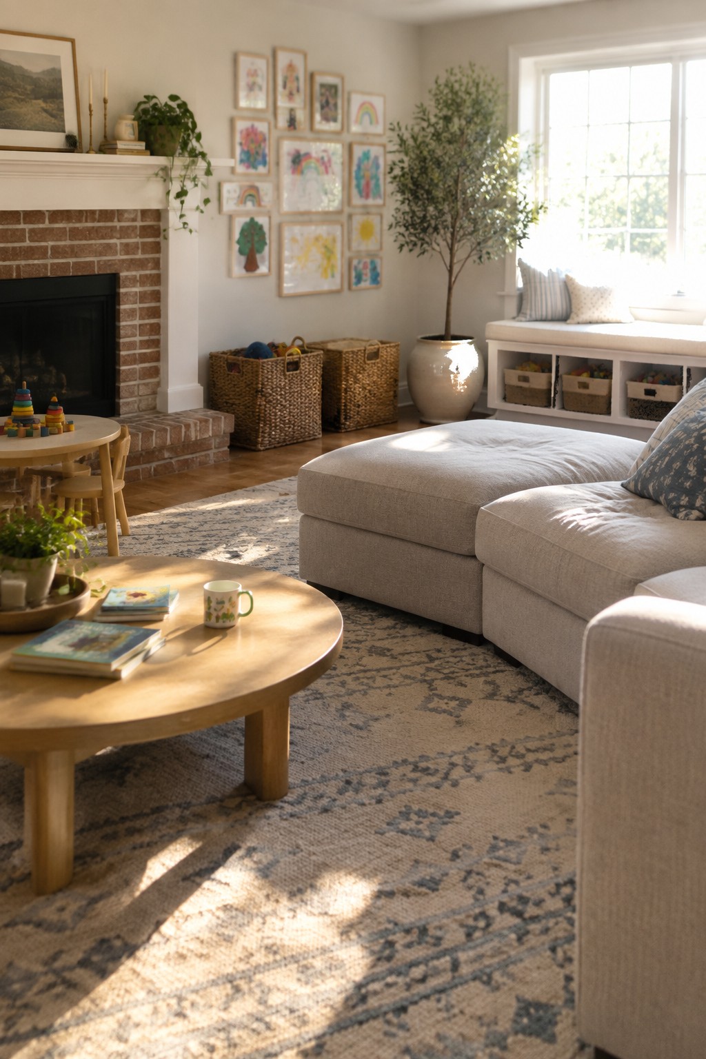 A living room with a brick fireplace, a large light gray sectional sofa facing it, a round wooden coffee table, woven storage baskets, and framed children's artwork on the wall.