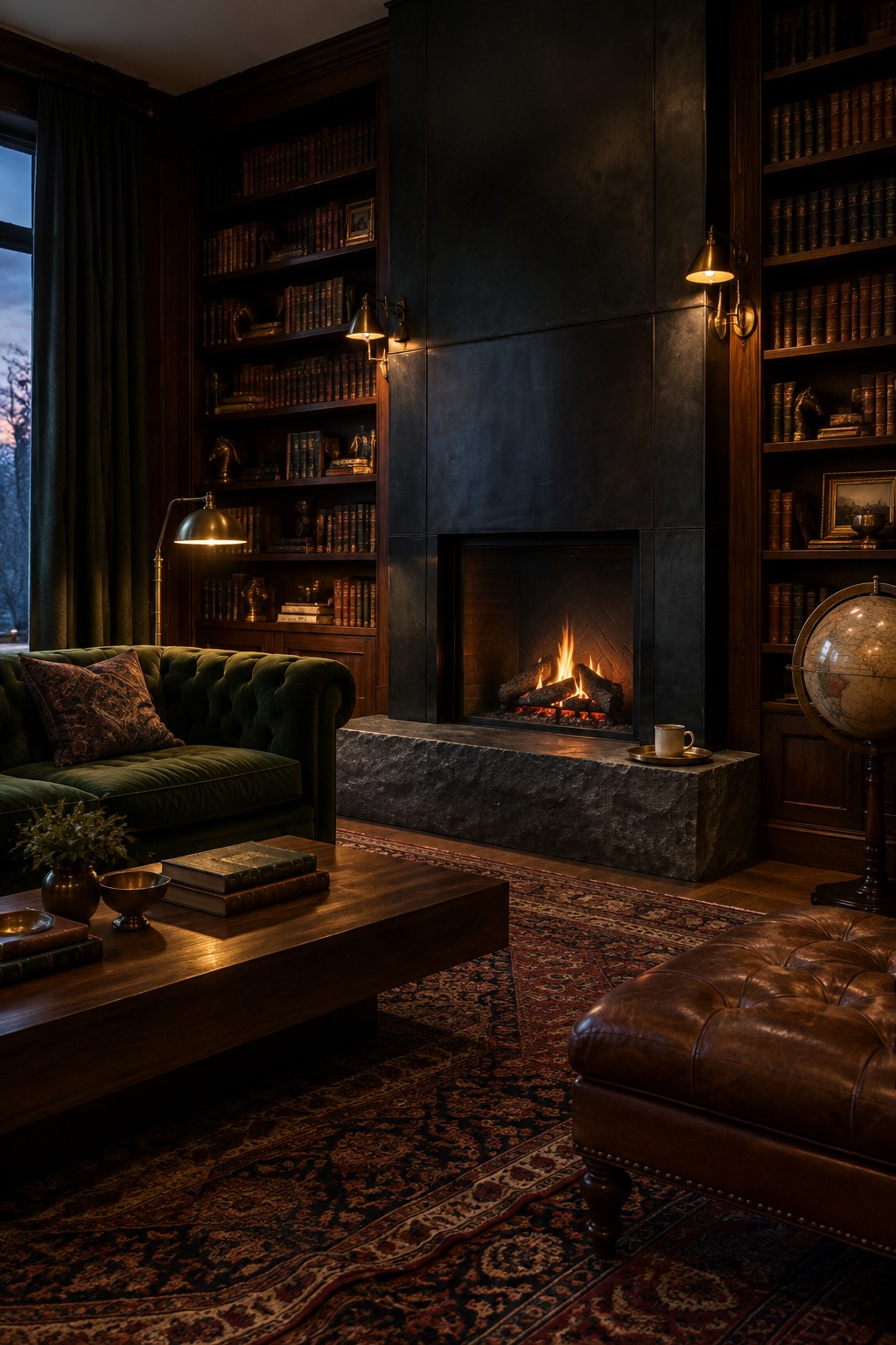 A living room with a green velvet sofa, wooden coffee table on a patterned rug, brown leather ottoman, and a central stone fireplace with lit fire and dark bookshelves on both sides.