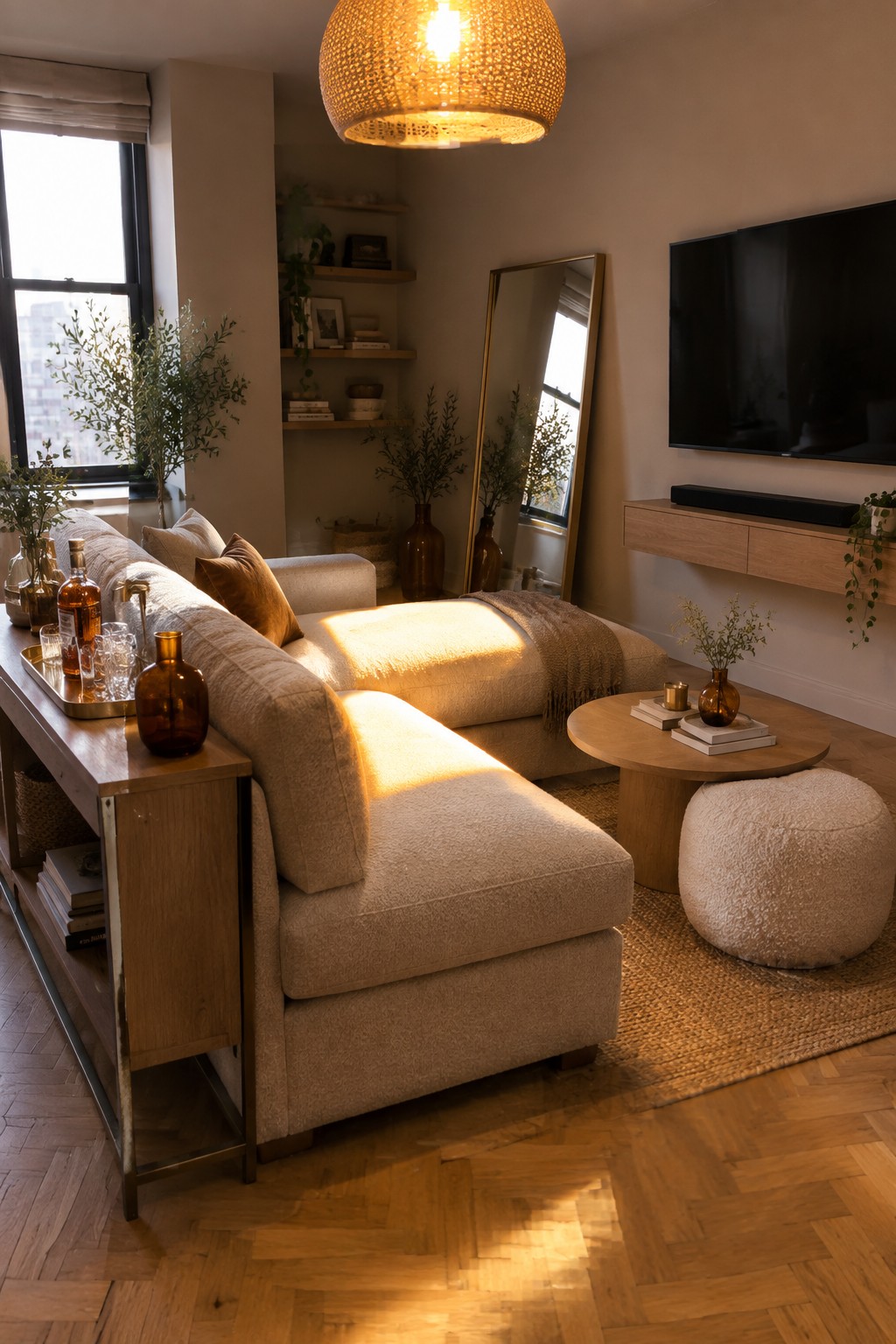 Cozy beige sectional sofa in sunlit living room with round wooden coffee table and woven lamp