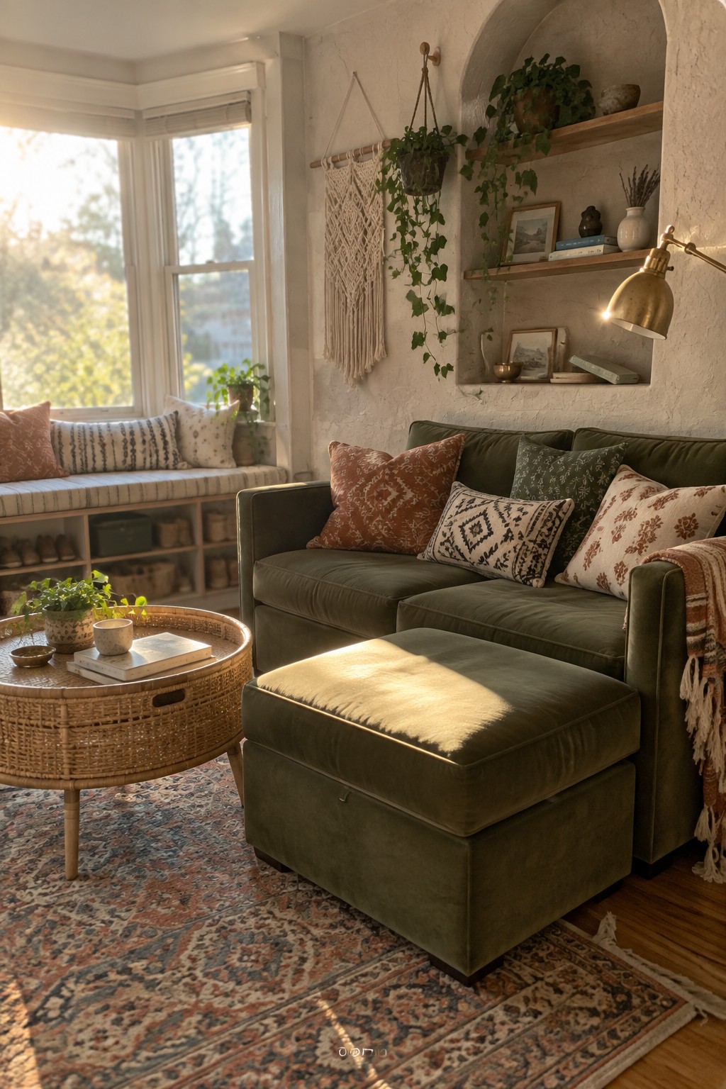 A living room with a green sectional sofa, matching ottoman, round woven coffee table, and a cushioned window seat with open storage cubbies underneath.