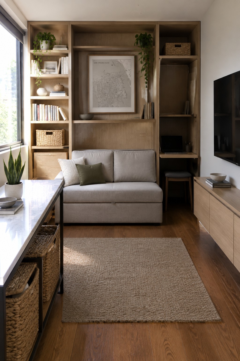 A compact living room with a light gray sofa in front of a tall wooden built-in shelving unit containing books, plants, baskets, a framed map, an integrated desk with a laptop, and a wall-mounted TV to the right.