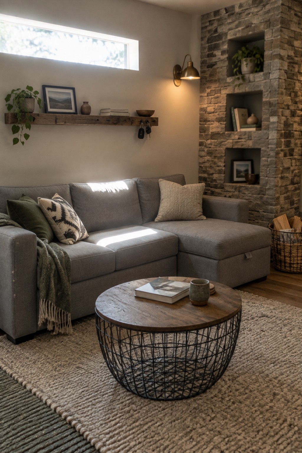 A gray sectional sofa with chaise lounge in a small living room, paired with a round coffee table on a woven rug and a stone fireplace with niches.