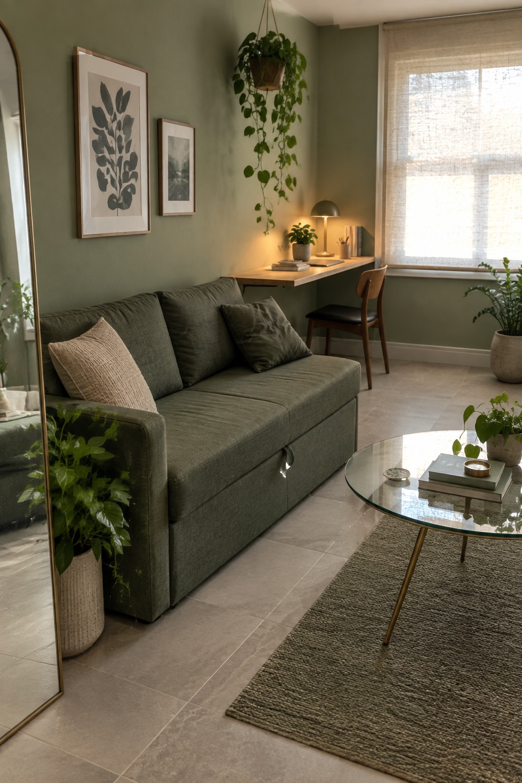 A compact living room featuring a green fabric sofa with visible storage access, a round glass coffee table on a rug, a wooden desk with chair, and multiple houseplants against sage green walls.