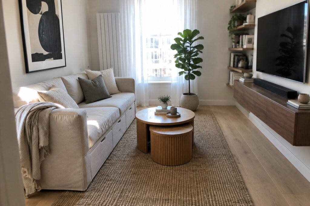 A compact living room with a light linen sofa, round wooden nesting coffee tables on a large woven jute rug, and a tall potted fiddle leaf fig near a window.