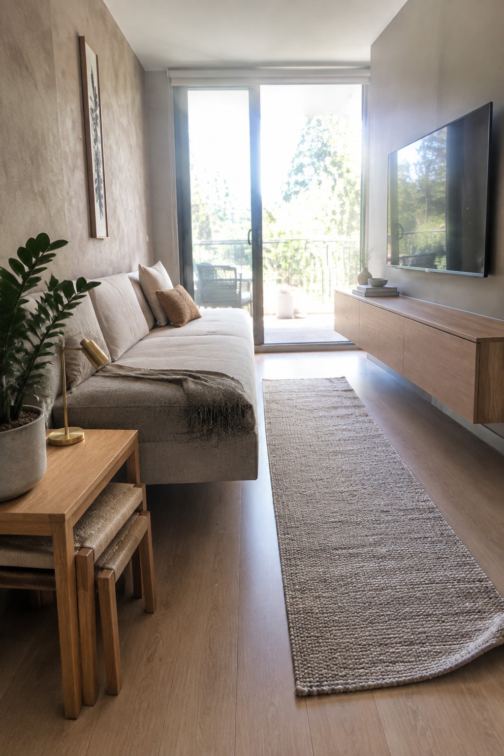A narrow living room with a long beige sofa along one wall, a floating light wood media console with TV on the opposite wall, nesting tables in the foreground, and a long woven runner on light wood flooring leading to glass doors.