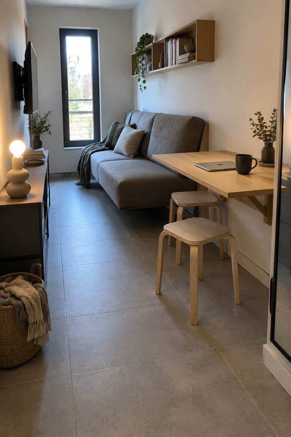A compact living room showing a gray sofa along the wall, a wooden fold-down desk with two light wood stools tucked beneath it, and a wall-mounted TV to the left of a tall window.