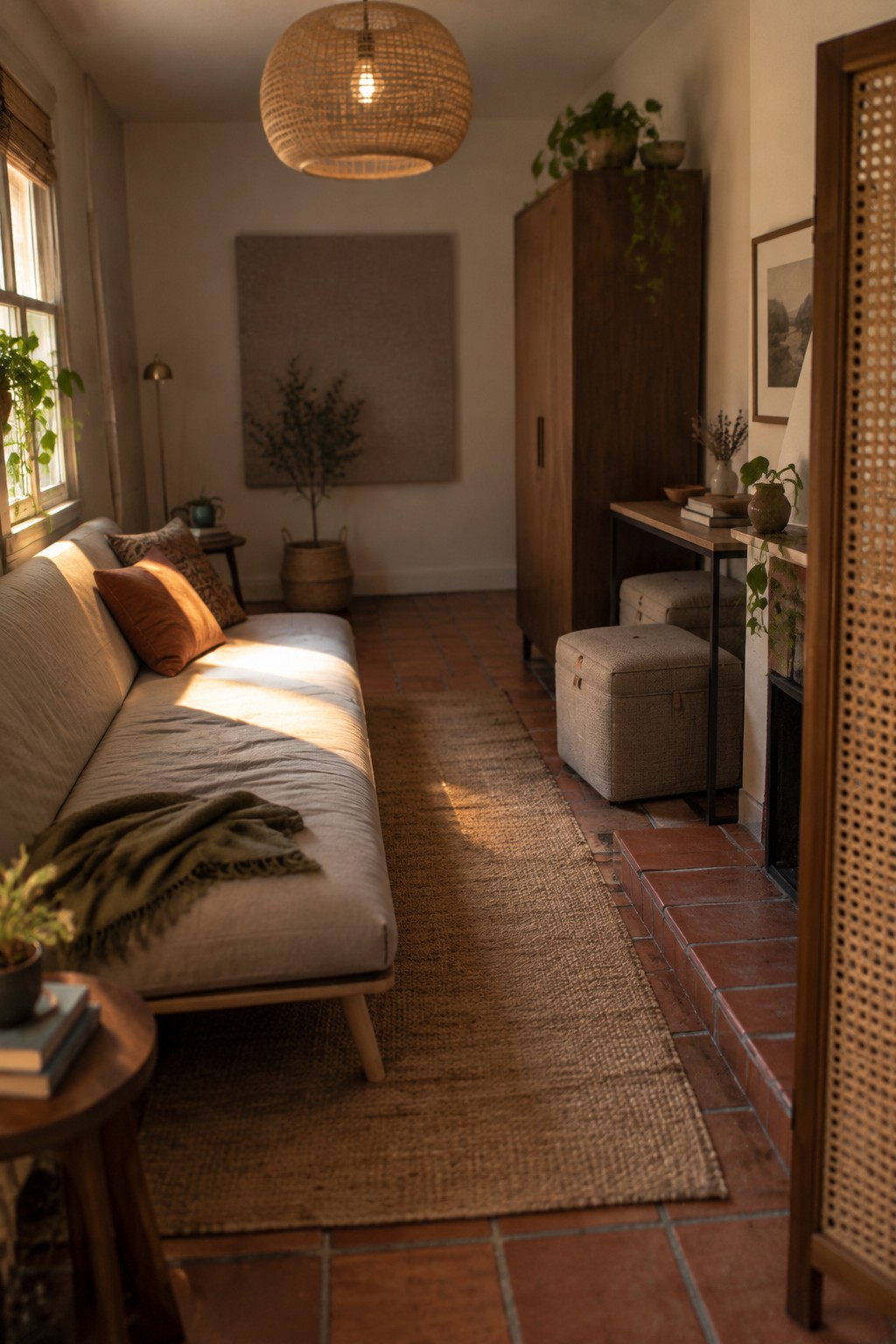 Sunlit living room with beige sofa, woven rug on terracotta tiles, wooden cabinet and plants