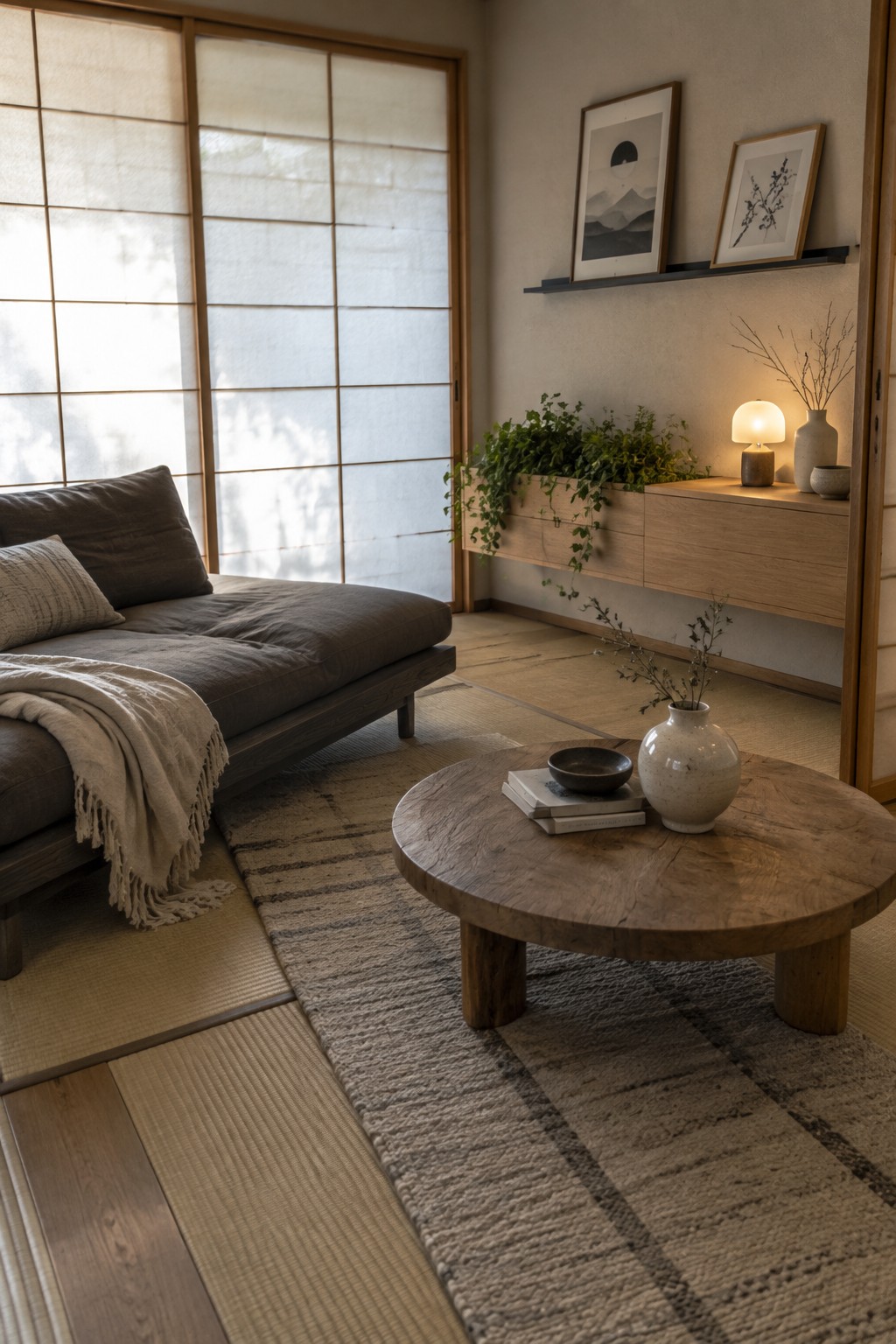 A compact living room with a low brown sofa on tatami mats, a round wooden coffee table on a textured rug, and a floating light wood console beneath framed artwork.