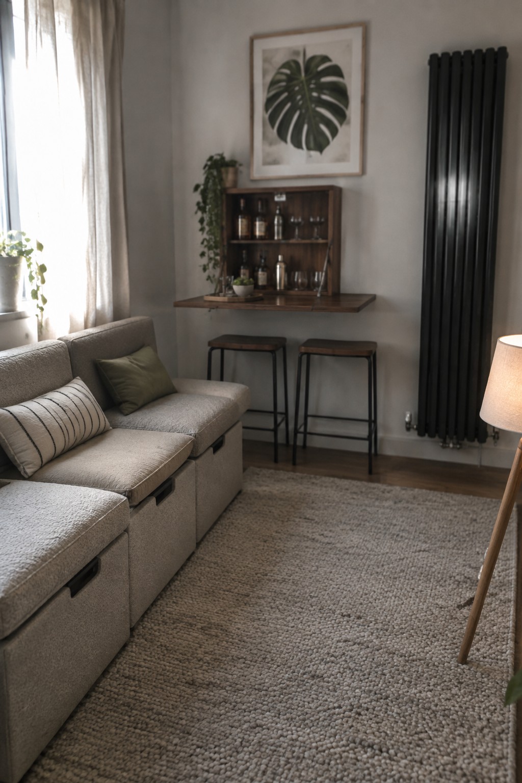 Gray sofa, wooden bar with stools, beige rug, black radiator, monstera leaf art