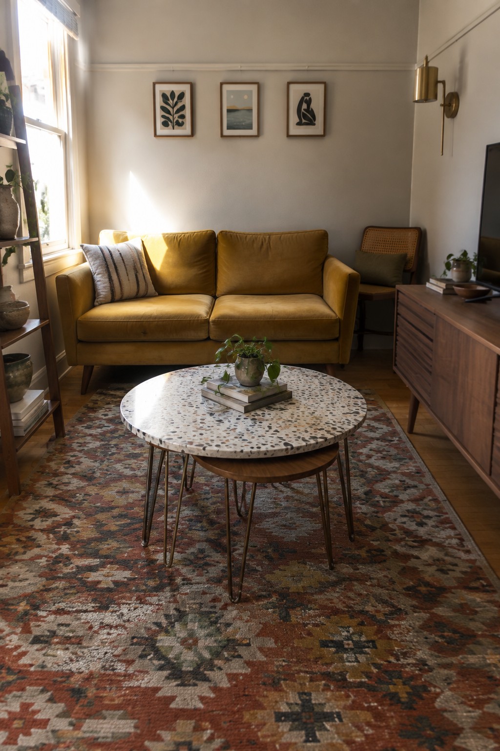 A living room with a mustard yellow sofa, round terrazzo coffee table over a smaller wooden nesting table on a patterned rug, and framed art on the wall.