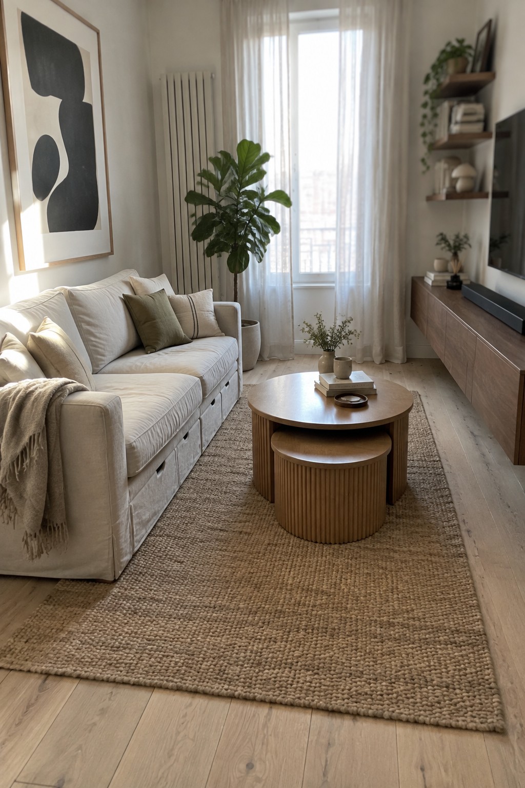 A compact living room with a light linen sofa, round wooden nesting coffee tables on a large woven jute rug, and a tall potted fiddle leaf fig near a window.