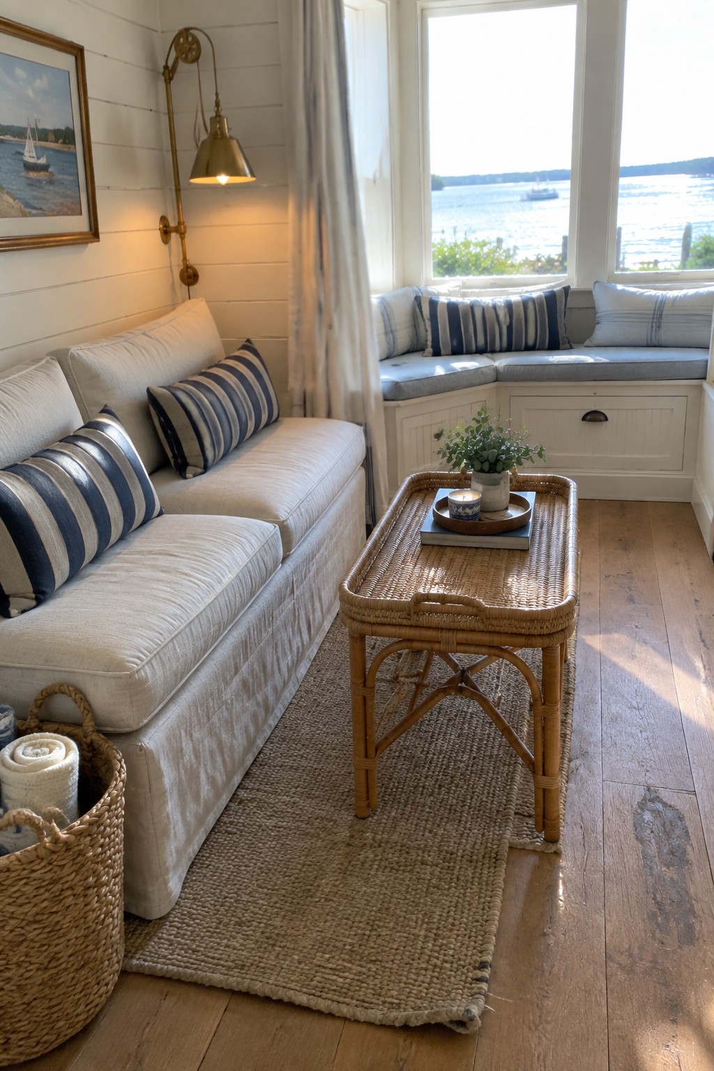 A compact living room with a white sofa, blue striped pillows, a rectangular rattan coffee table on a woven rug, and a window seat with blue cushions.