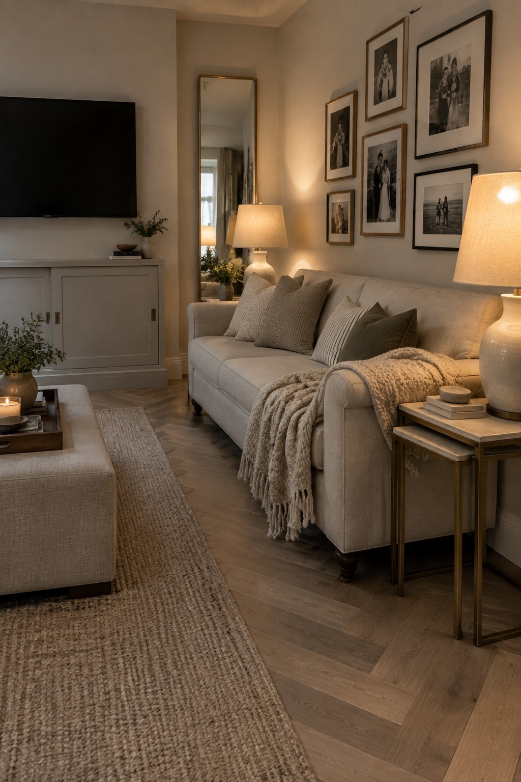 A small living room with a light beige sofa, textured pillows, a chunky throw blanket, an upholstered ottoman holding a tray with a candle, nested side tables, a wall-mounted TV, and a gallery wall of framed photos.