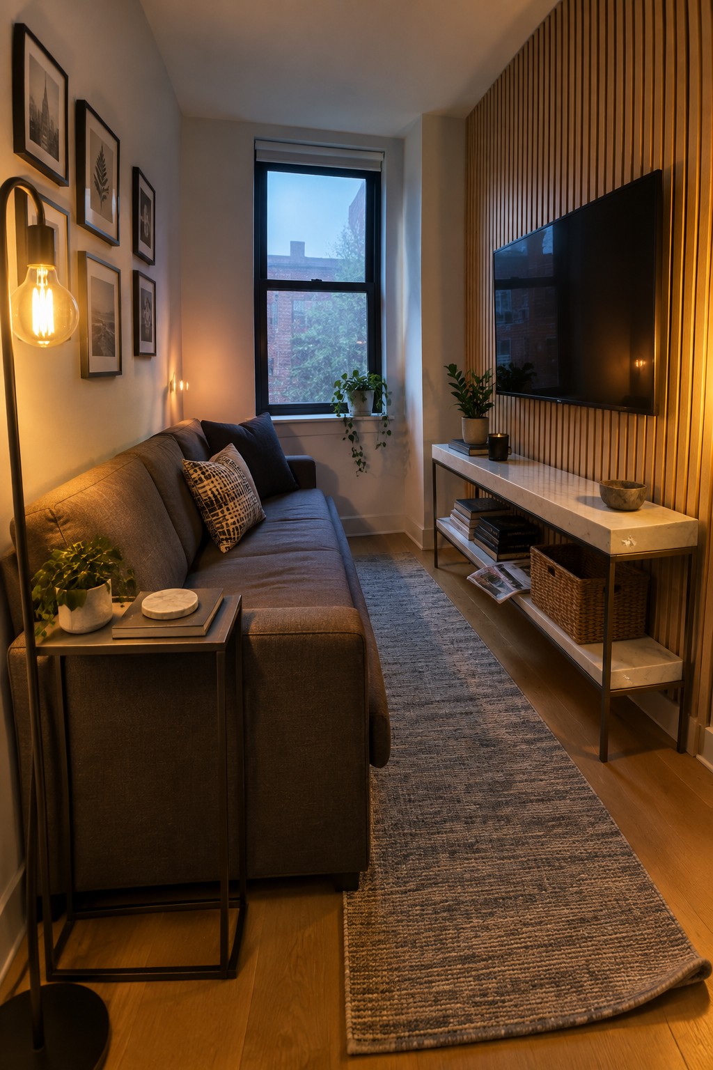 A narrow living room with a gray fabric sofa along the left wall, a long marble-topped console table with wall-mounted TV on the right, and a runner rug running between them.