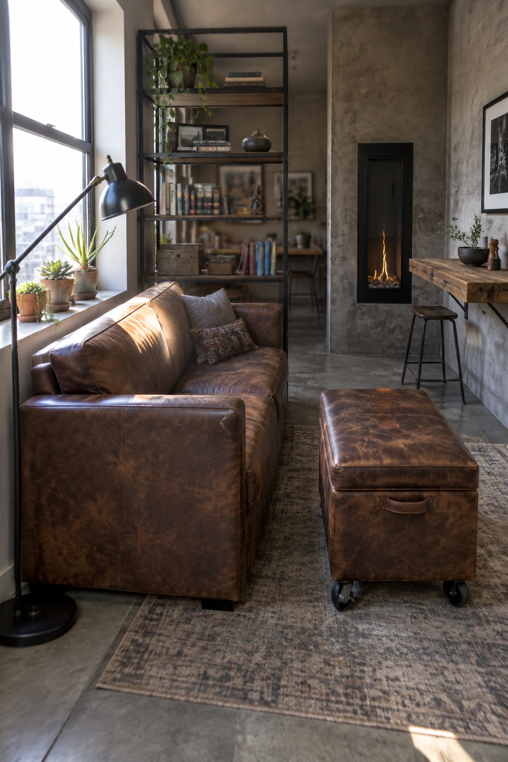 Brown leather sofa and wheeled ottoman in industrial living room with fireplace and shelves