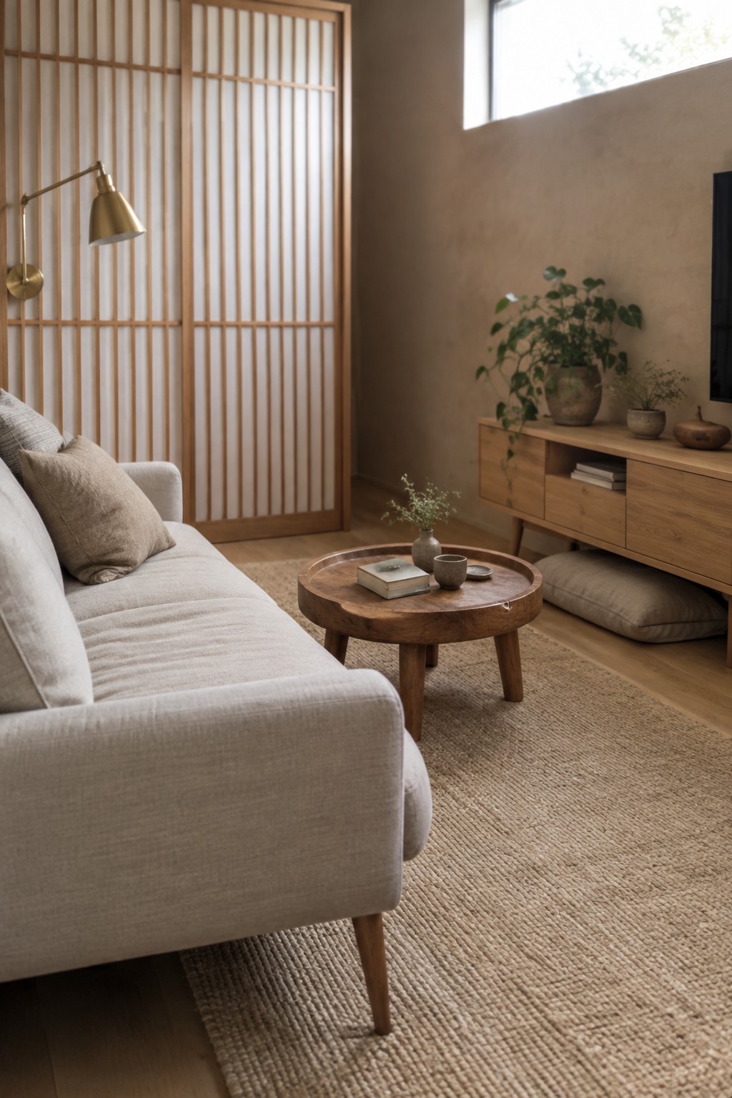 A small living room with a light gray sofa, round wooden coffee table on a large jute rug, wooden media console, and neutral walls with plants.