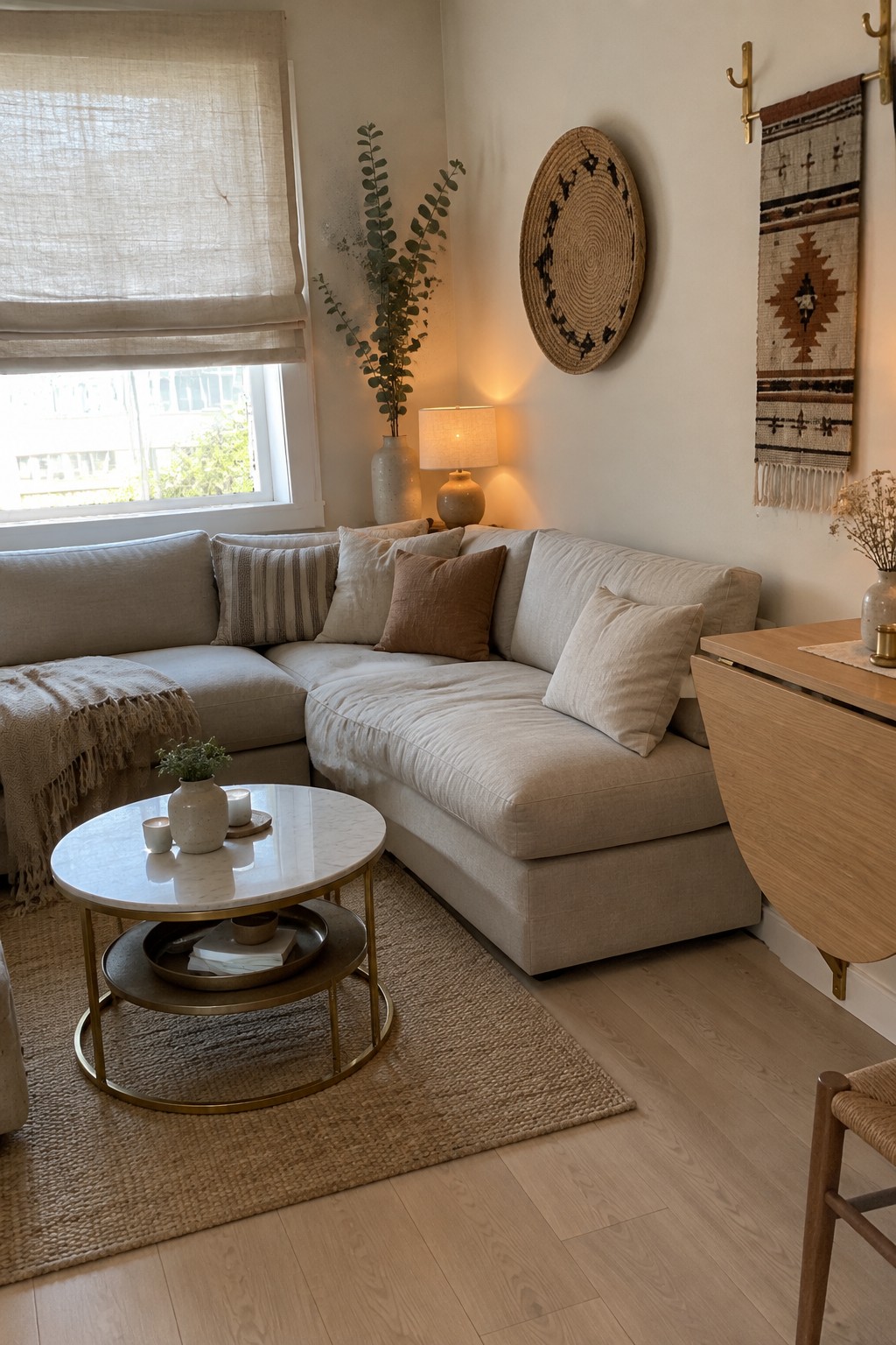 A compact living room featuring an L-shaped beige sectional sofa in the corner, a round marble coffee table on a woven rug, neutral pillows, and simple wall decor.