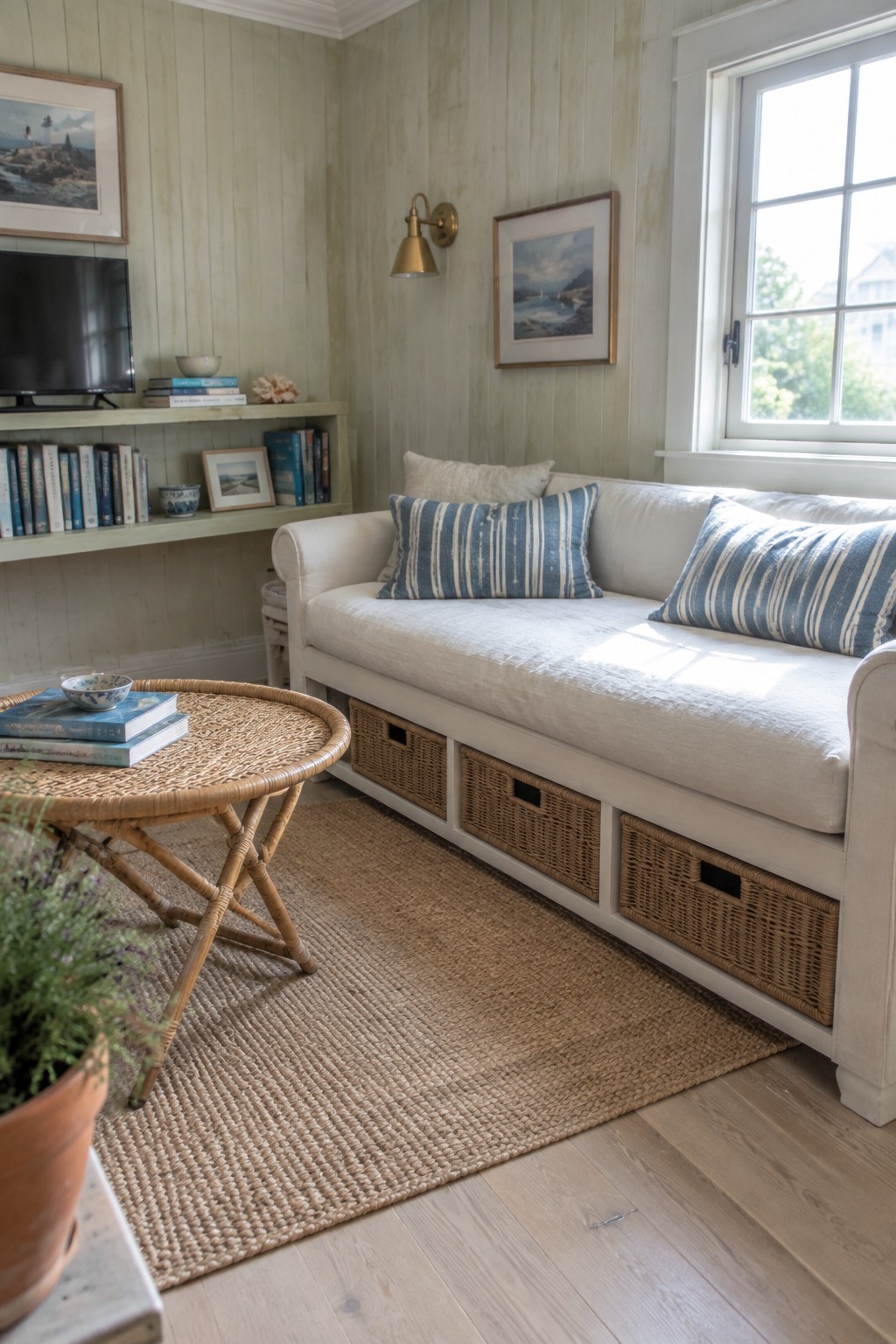 A white daybed sofa with blue striped pillows has three woven baskets stored underneath, positioned in a room with pale green walls, a round wicker table, and a jute rug on light wood flooring.