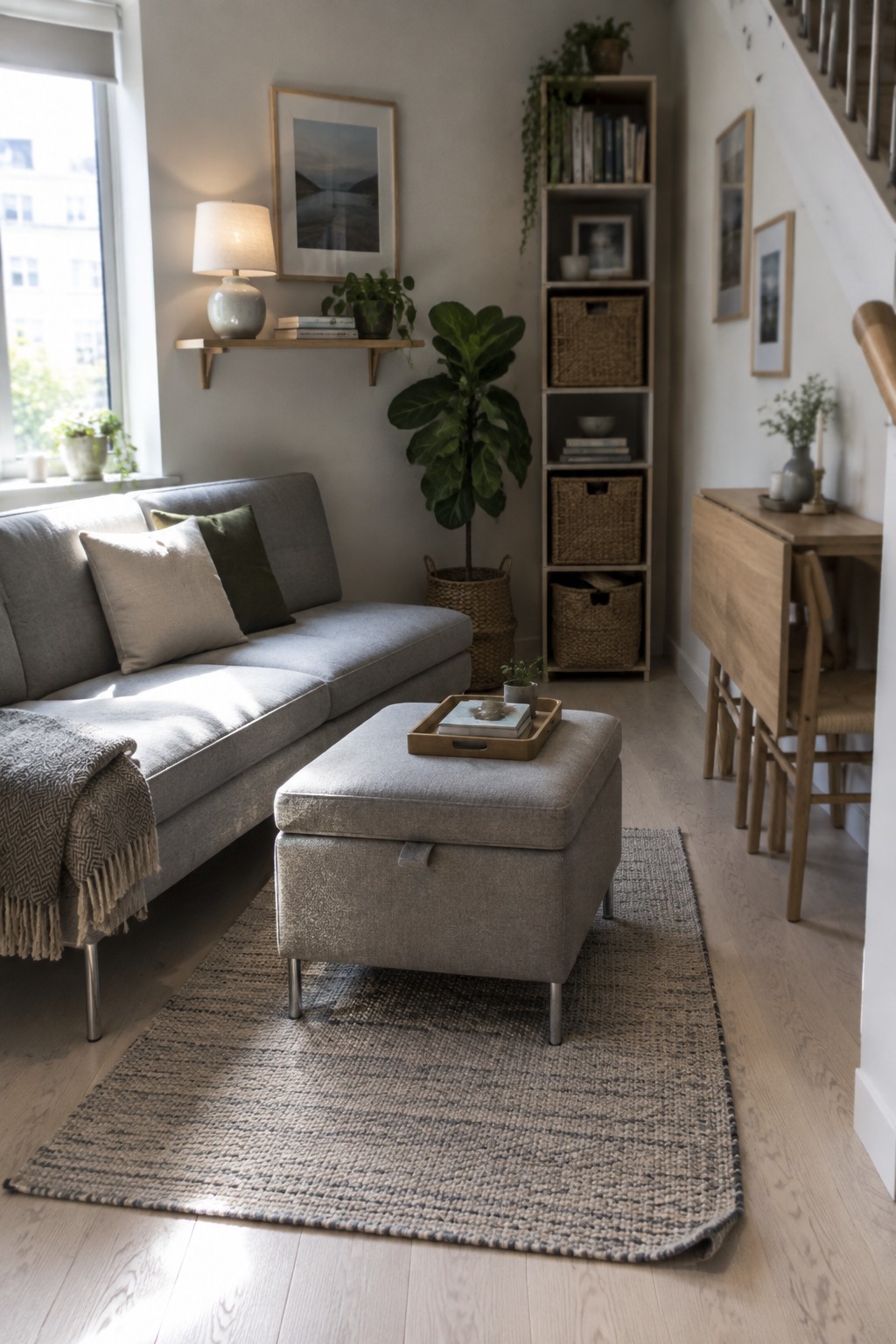 A small living room with a gray sofa facing a large gray storage ottoman on a woven rug, with a potted plant and tall bookshelf visible in the background.