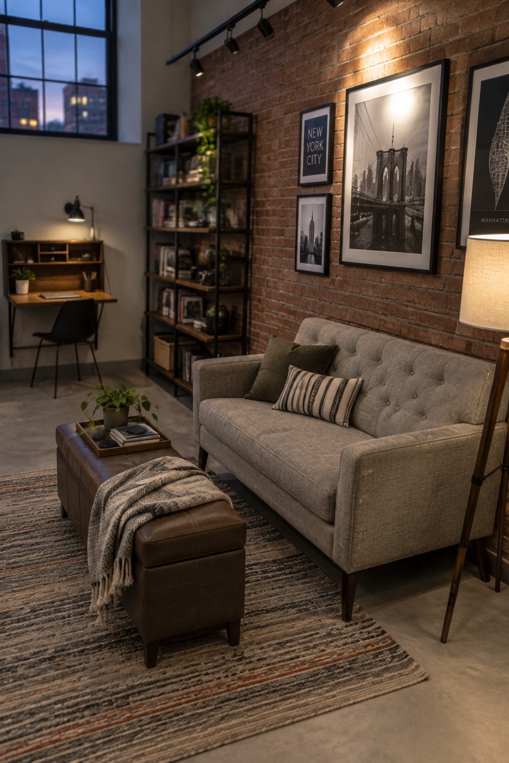 A compact living room featuring a gray tufted sofa, brown leather ottoman with tray, and striped rug on a concrete floor.