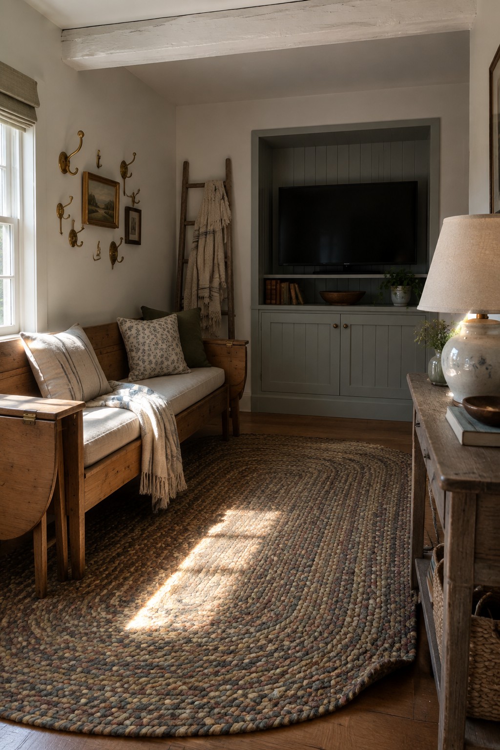 Rustic sunlit room with wooden bench, braided rug, ladder, and TV alcove